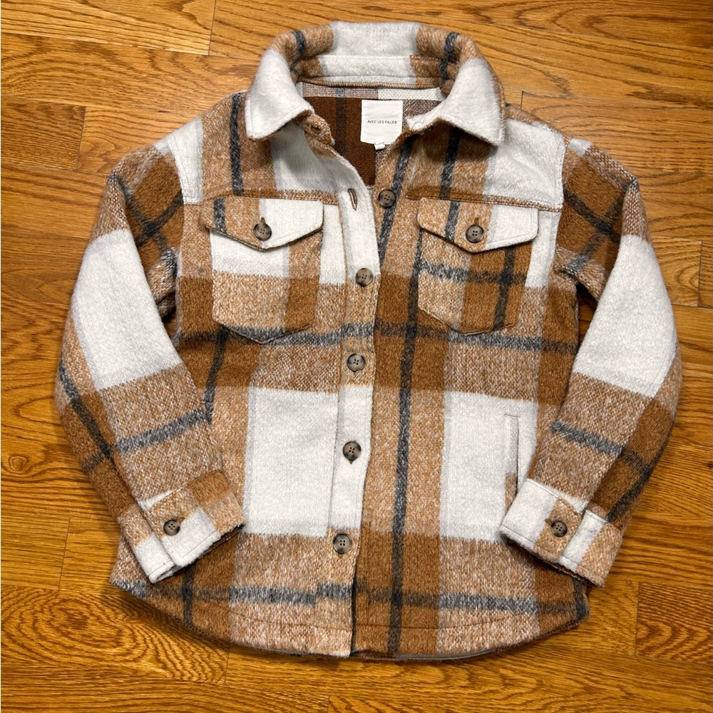 Avec Les Filles Plaid Shacket Jacket Brown Tan‎ Cream Checked Coat Fall Layer